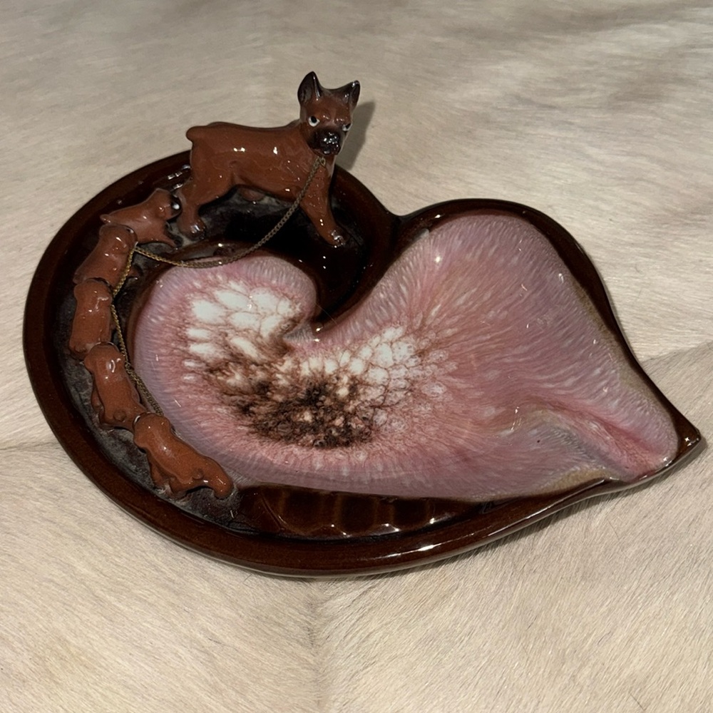 Tilso Japan Glaze Pottery Brown Boxer and Puppies Ashtray.  No chips or cracks